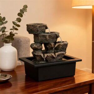 Indoor Tabletop Rock Waterfall Fountain w/Warm Light & Stacked Stone Desk Decor